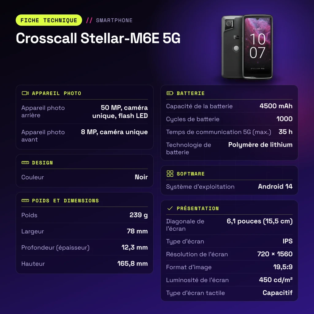 Crosscall Stellar-M6E 5G 4GB/64GB Preto 6,1 polegadas IPS 50MP NFC - características