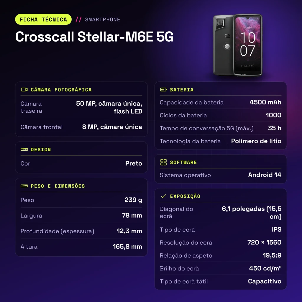 Crosscall Stellar-M6E 5G 4GB/64GB Preto 6,1 polegadas IPS 50MP NFC - características