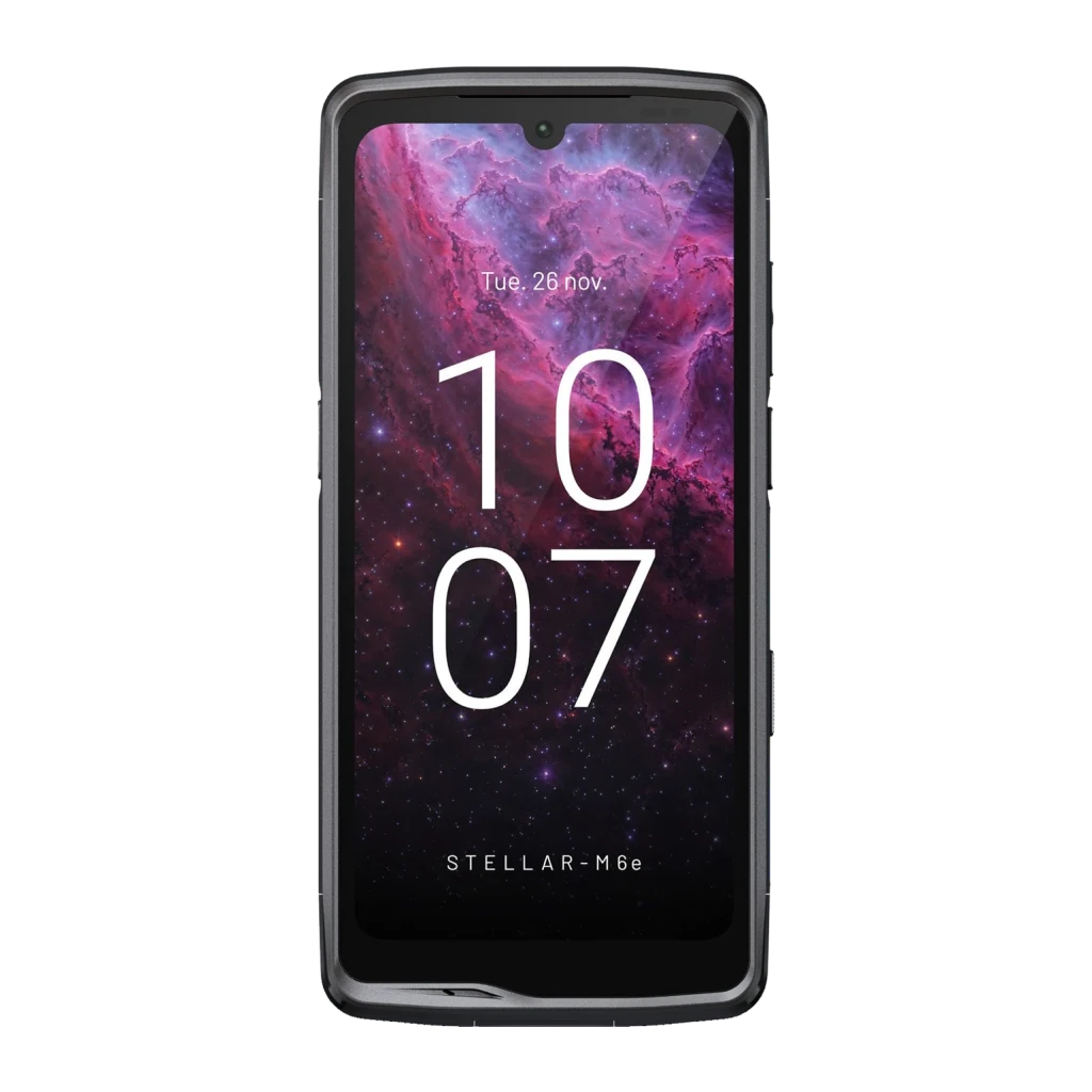 Crosscall Stellar-M6E 5G 4GB/64GB Preto 6,1 polegadas IPS 50MP NFC, vista frontal: ecrã IPS ligado com fundo nebulosa e hora