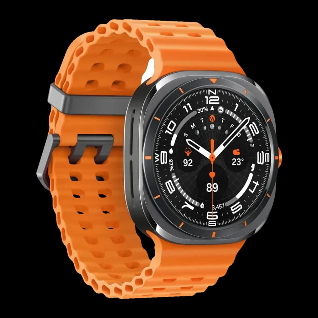 Samsung Galaxy Watch Ultra 47mm LTE 64GB Gris Titanio Tensión Arterial ECG, vista frontal en ángulo: correa naranja