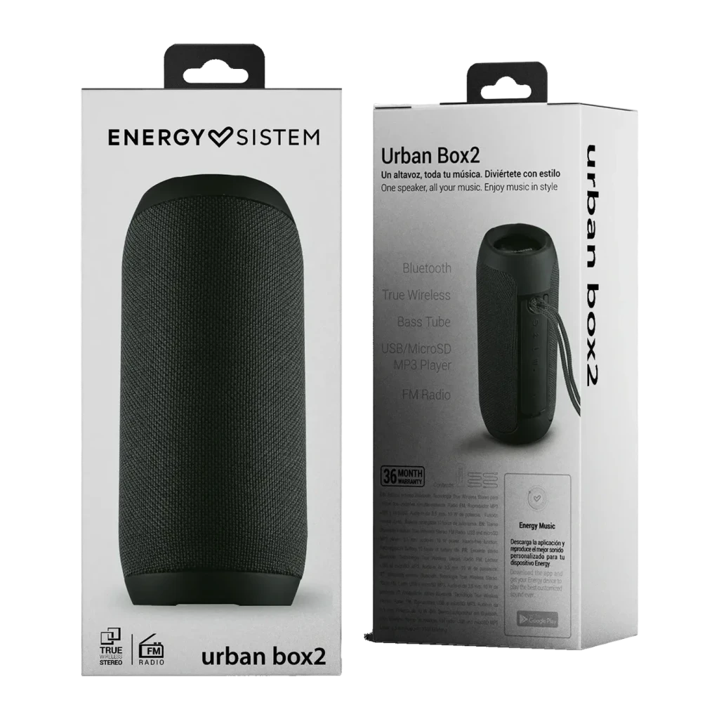 Coluna portátil Energy Sistem Urban Box 2 Onyx 10W 12h Bluetooth 5.0, caixa: frente e lateral da embalagem com coluna preta