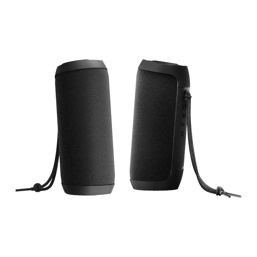 Coluna portátil Energy Sistem Urban Box 2 Onyx 10W 12h Bluetooth 5.0, vistas frontal e lateral: grelha têxtil preta, botões