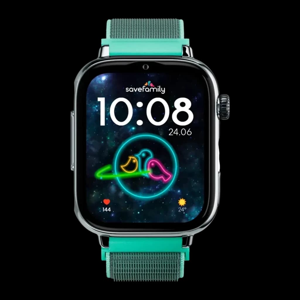 SaveFamily SaveWatch Plus 2 4G Prata Chamadas SOS Videochamada GPS, vista frontal: mostrador neon colorido e bracelete
