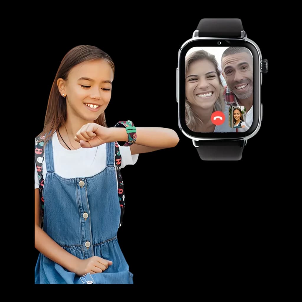 SaveFamily SaveWatch Plus 2 4G Prata Chamadas SOS Videochamada GPS, uso: menina com relógio no pulso e ecrã a mostrar
