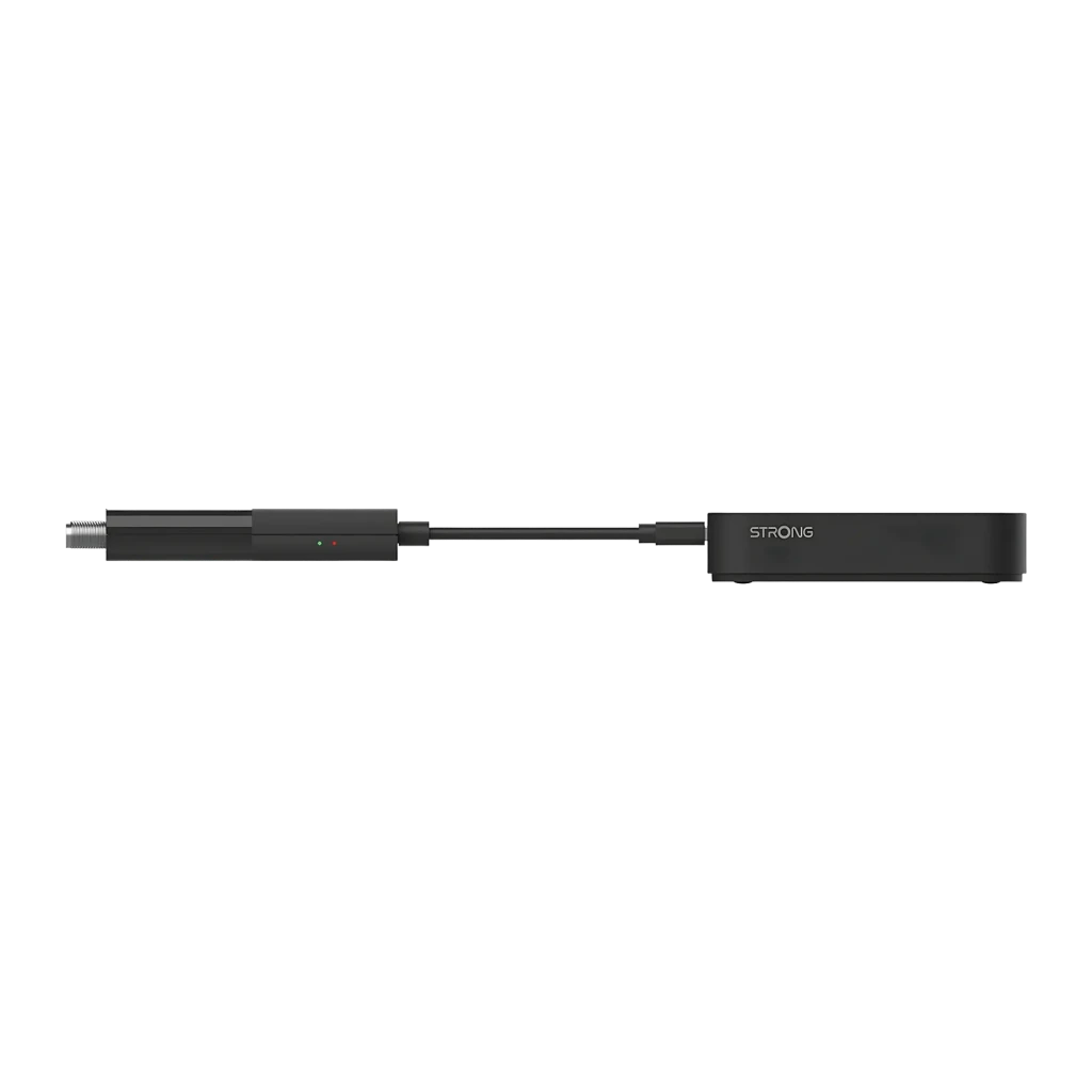 Reproductor Multimedia Strong SRT427 4K UHD Google TV, vista lateral: cuerpo negro alargado con conector coaxial, LED rojo