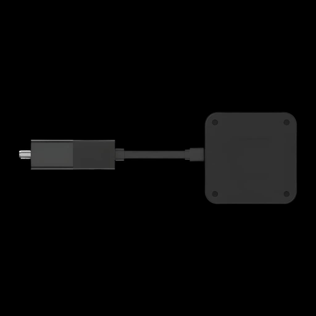 Reproductor Multimedia Strong SRT427 4K UHD Google TV, vista inferior: base negra con tornillos y dongle HDMI conectado