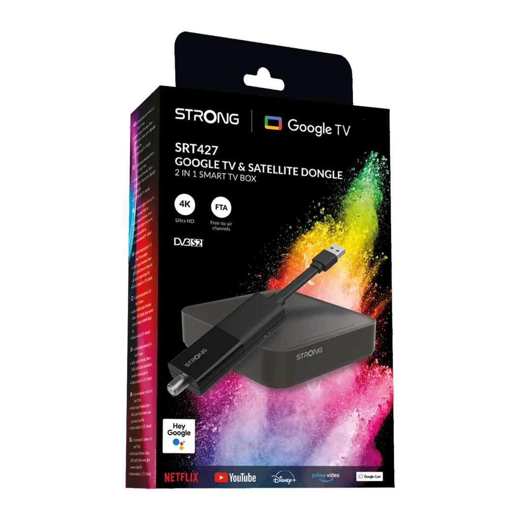 Reproductor Multimedia Strong SRT427 4K UHD Google TV, caja: packaging frontal negro con dongle y logos Netflix, YouTube