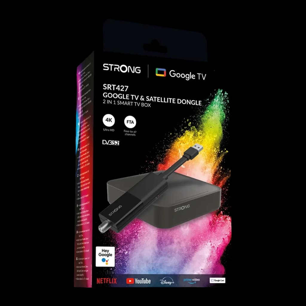 Reproductor Multimedia Strong SRT427 4K UHD Google TV, caja: packaging frontal negro con dongle y logos Netflix, YouTube