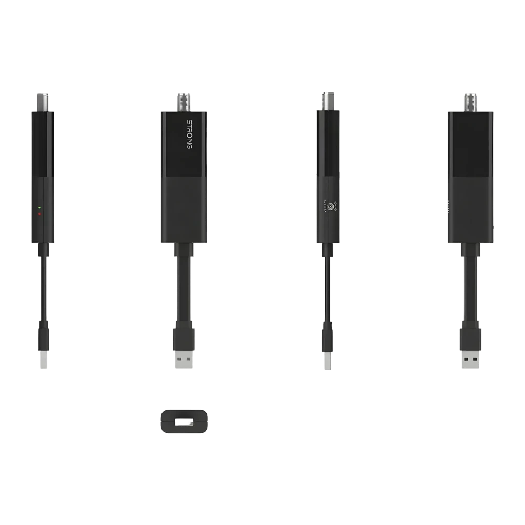 Reproductor Multimedia Strong SRT427 4K UHD Google TV, vistas múltiples: 4 ángulos del dongle negro con cable USB y conector