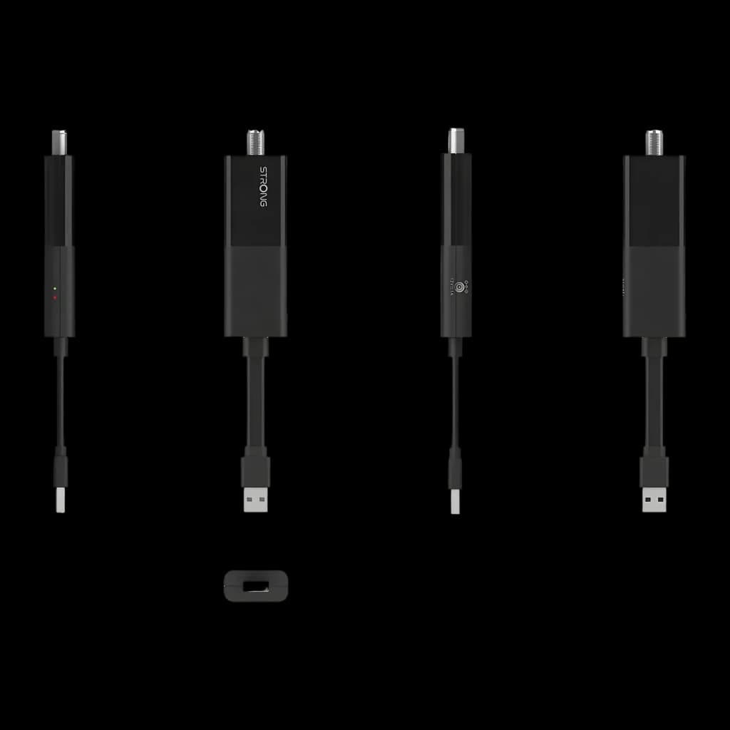 Reproductor Multimedia Strong SRT427 4K UHD Google TV, vistas múltiples: 4 ángulos del dongle negro con cable USB y conector