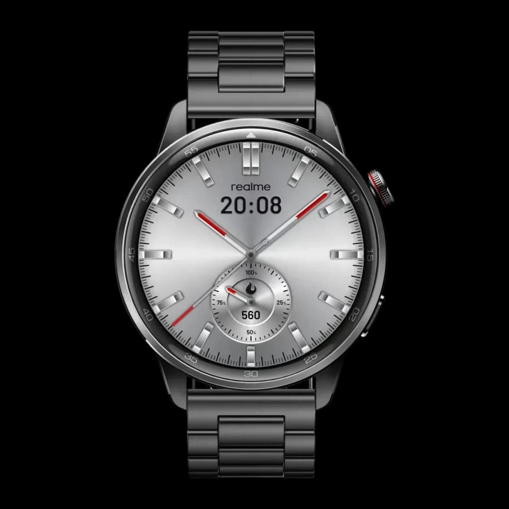 Realme Watch S2 Gris Métallisé Appels Bluetooth, vue de face: cadran analogique argenté, bracelet métallique et couronne
