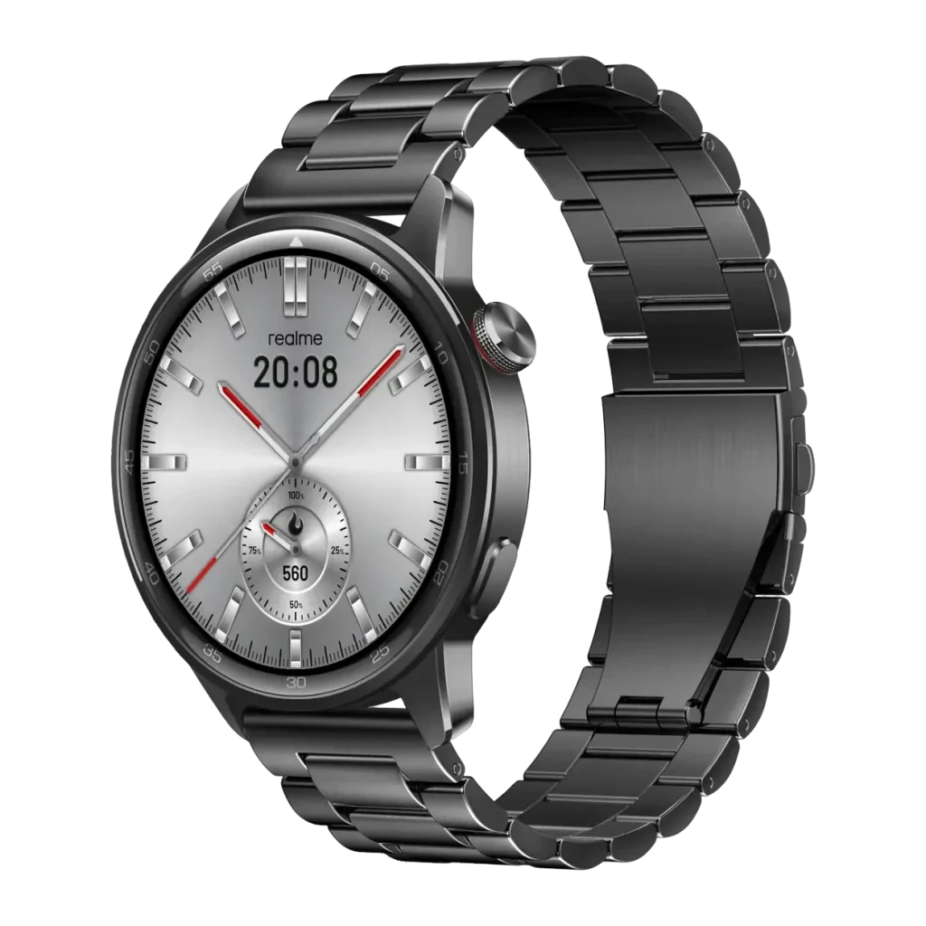 Realme Watch S2 Gris Métallisé Appels Bluetooth, vue latérale: cadran analogique argenté avec aiguilles rouges et bracelet