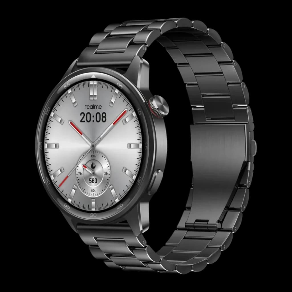 Realme Watch S2 Gris Métallisé Appels Bluetooth, vue latérale: cadran analogique argenté avec aiguilles rouges et bracelet