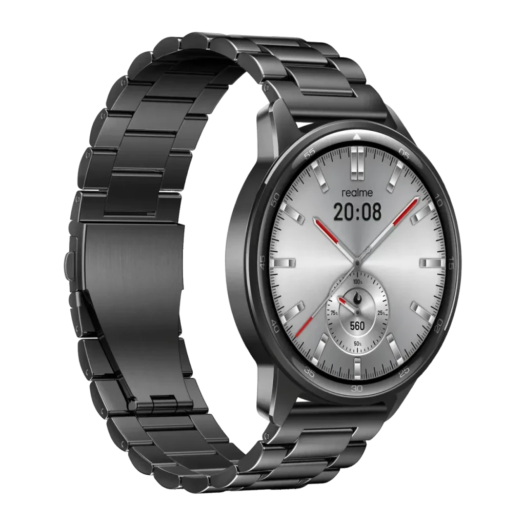 Realme Watch S2 Gris Métallisé Appels Bluetooth, vue en angle: cadran analogique argenté avec aiguilles rouges et bracelet