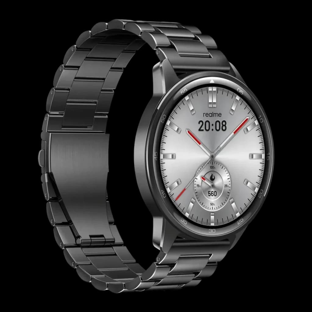 Realme Watch S2 Gris Métallisé Appels Bluetooth, vue en angle: cadran analogique argenté avec aiguilles rouges et bracelet