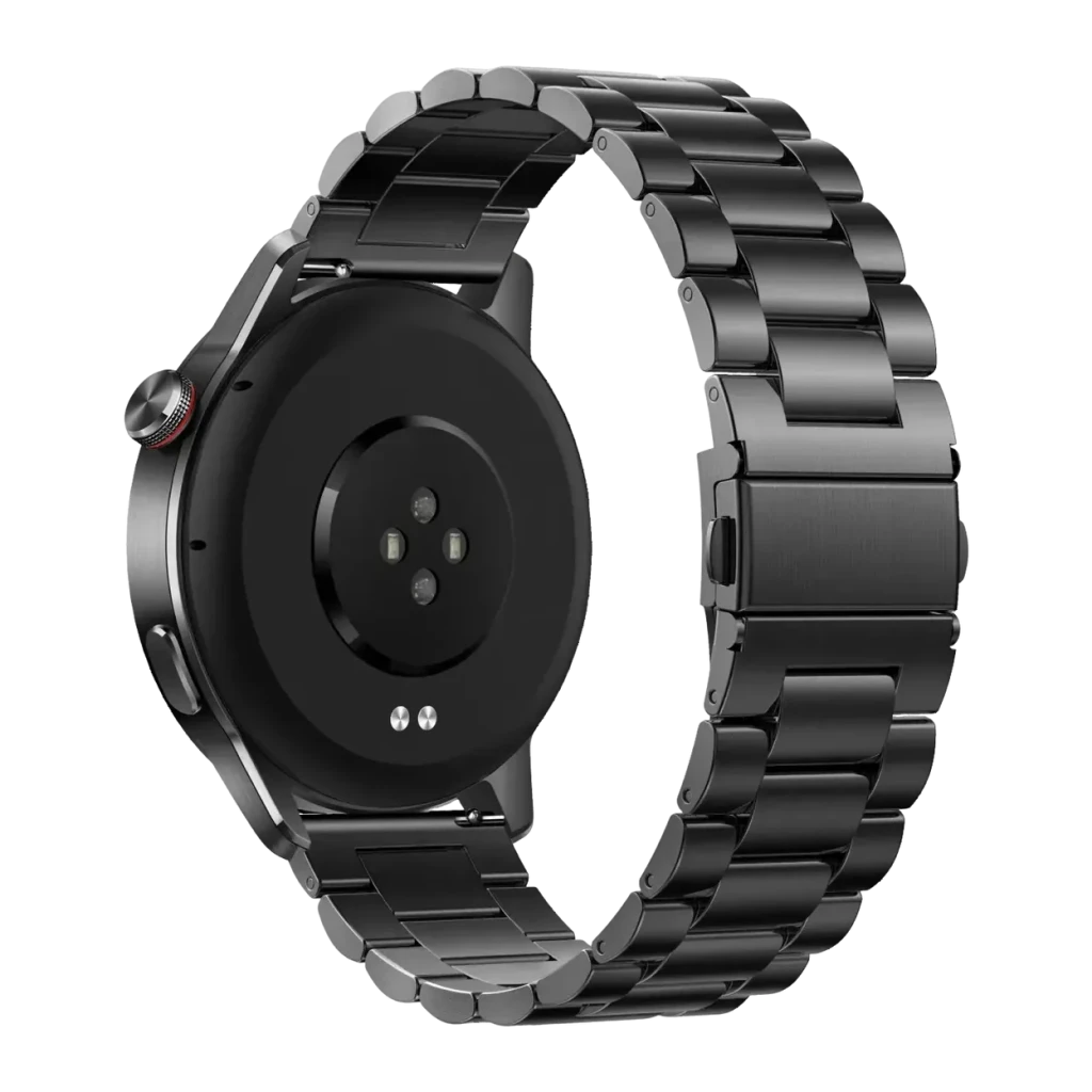Realme Watch S2 Gris Métallisé Appels Bluetooth, vue arrière: capteurs de santé, broches de charge et bracelet métallique à