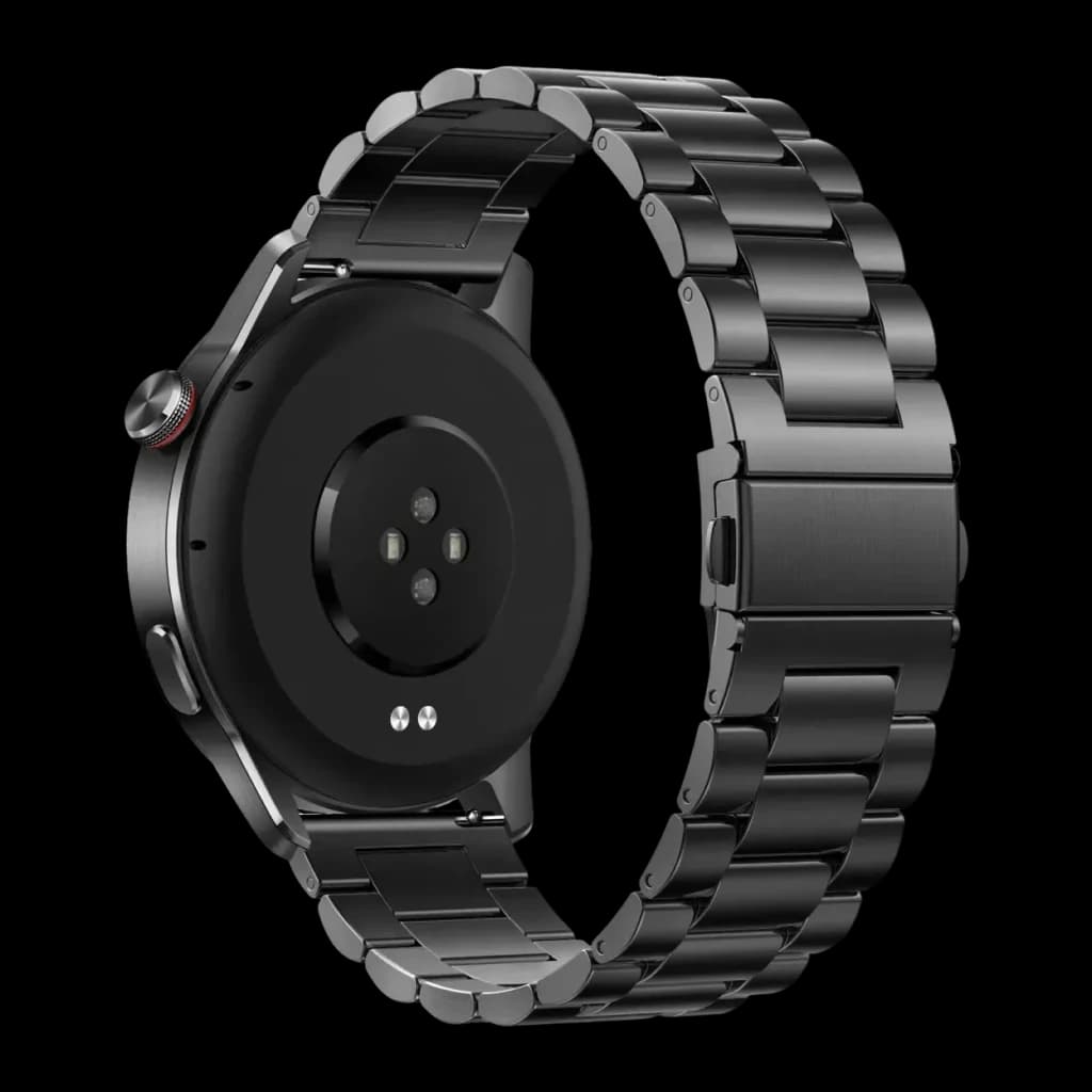 Realme Watch S2 Gris Métallisé Appels Bluetooth, vue arrière: capteurs de santé, broches de charge et bracelet métallique à