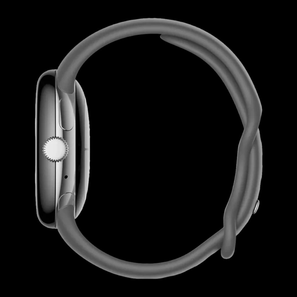 Google Pixel Watch LTE 41mm Plata/Carbón NFC Batería 24 Días, lateral: corona giratoria, botón y correa carbón visibles