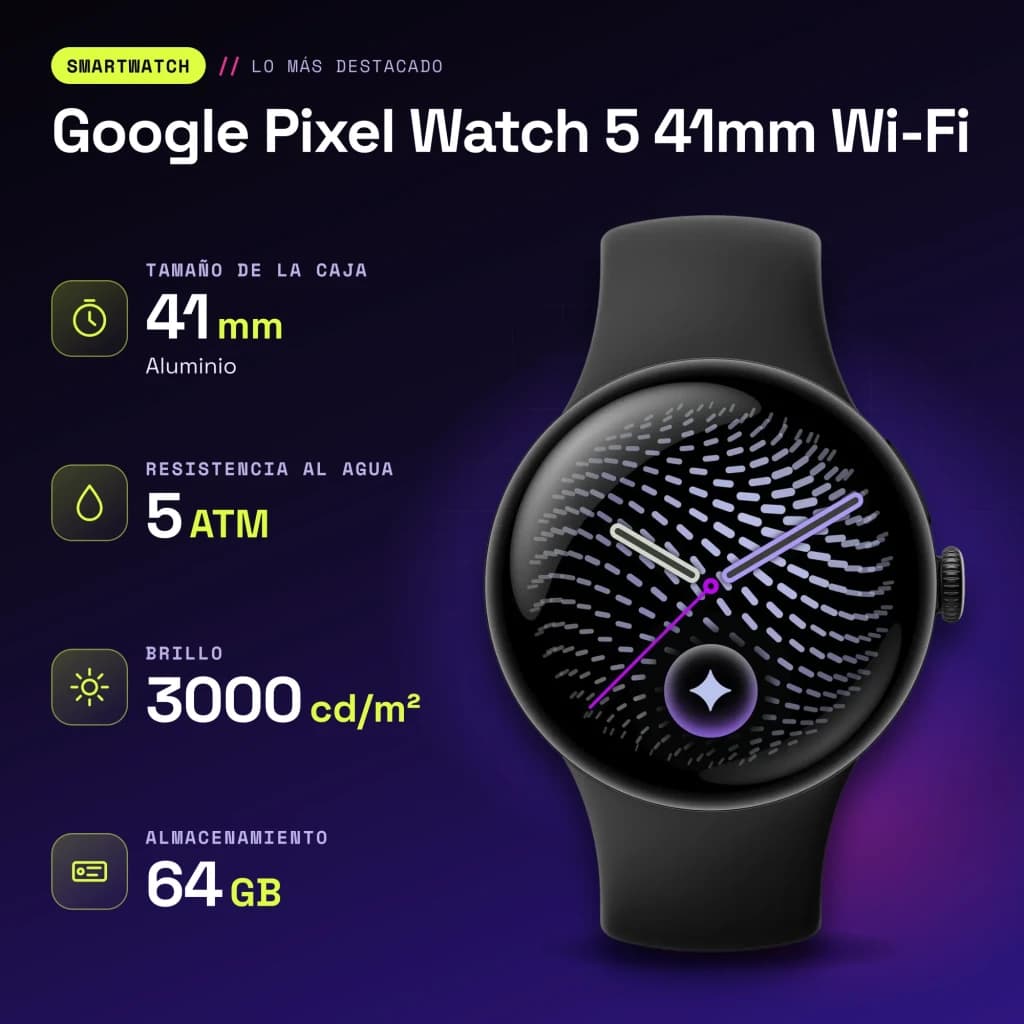 Google Pixel Watch 5 41mm Wi-Fi Antracita NFC FC, SpO2, Temperatura piel - características
