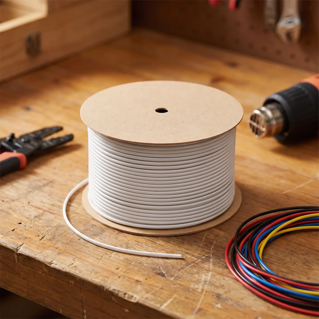 Tubo termorretráctil NIIMBOT HS-200m, en uso: bobina blanca sobre banco de trabajo con pistola de calor y cables de colores