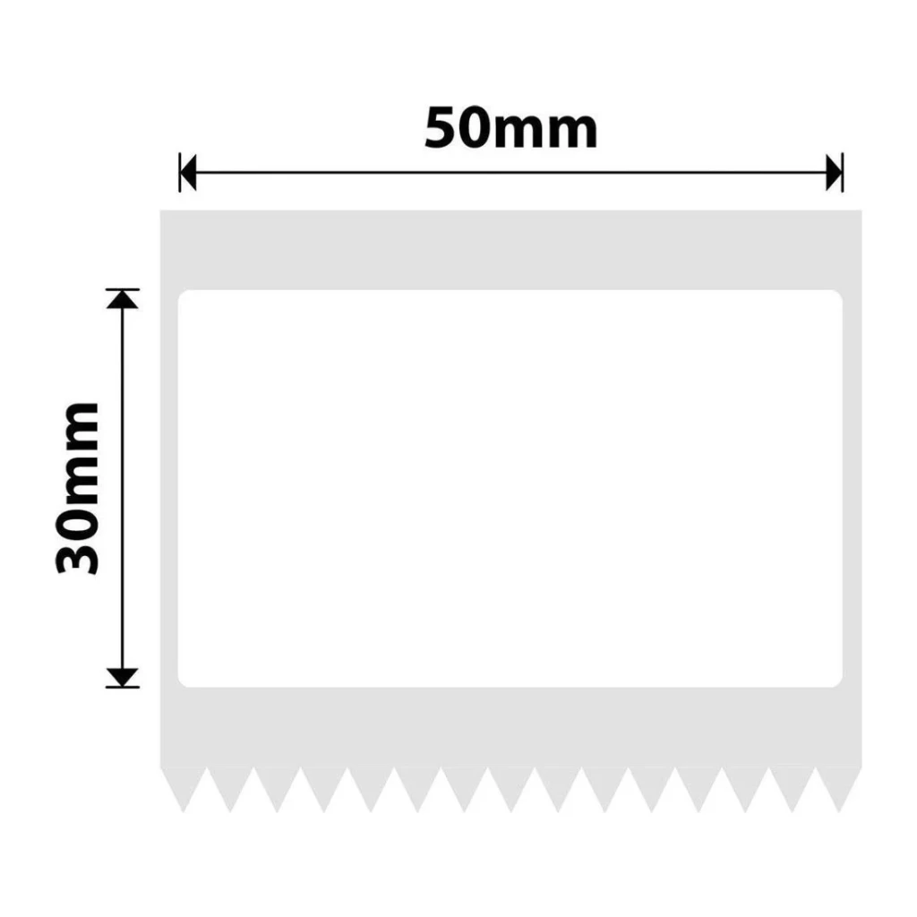 Etiquetas térmicas Niimbot Bicolor Blancas T50x30-230, diagrama: dimensiones 50x30mm con borde dentado inferior