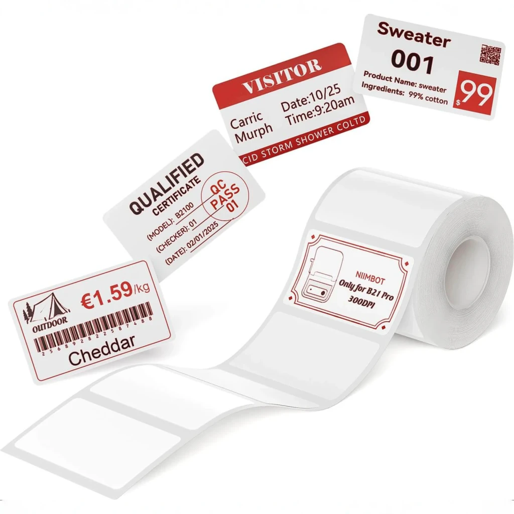 Etiquetas térmicas Niimbot Bicolor Blancas T50x30-230, en uso: rollo con ejemplos impresos en rojo y negro, precio, visita