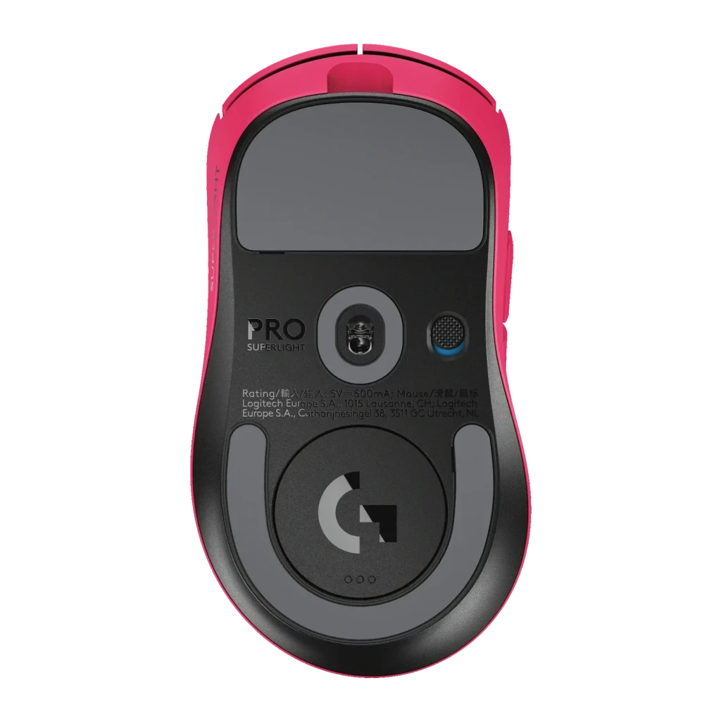 Ratón Gaming Logitech G PRO X Superlight 2 DEX Inalámbrico LIGHTSPEED 44000 DPI Fucsia, vista inferior: sensor óptico, logo