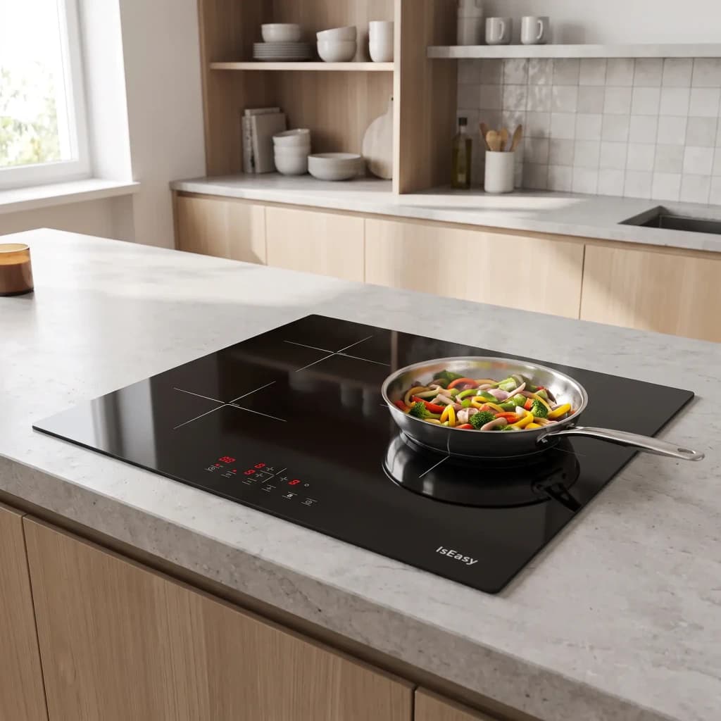 Table à induction Iseasy 5600W (Booster) 3 zones Noir LI3-17, en utilisation: poêle avec légumes sur surface noire posée