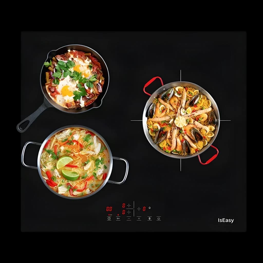Table à induction Iseasy 5600W (Booster) 3 zones Noir LI3-17, détail: vue zénithale avec paella, soupe et poêle sur les 3