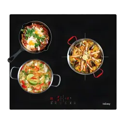 Table à induction Iseasy 5600W (Booster) 3 zones Noir LI3-17, détail: vue zénithale avec paella, soupe et poêle sur les 3