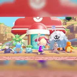 Juego Nintendo Pokémon Pokopia Switch 2 Estándar (Edición Italiana), en uso: personaje celebrando ante Pokémon Center