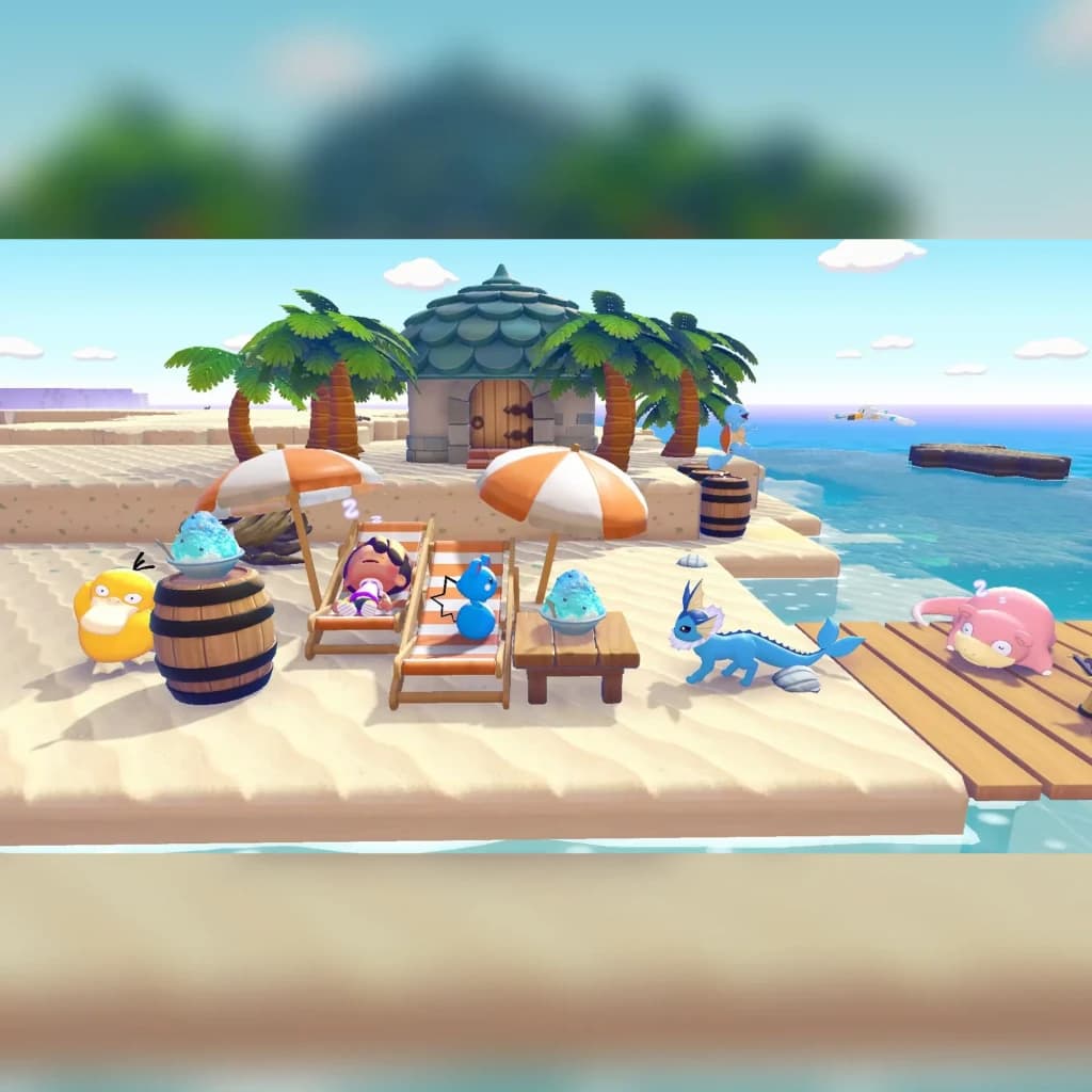 Juego Nintendo Pokémon Pokopia Switch 2 Estándar (Edición Italiana), en uso: escena de playa con Psyduck, Vaporeon