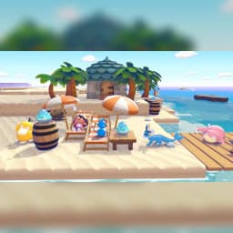 Juego Nintendo Pokémon Pokopia Switch 2 Estándar (Edición Italiana), en uso: escena de playa con Psyduck, Vaporeon