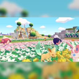 Juego Nintendo Pokémon Pokopia Switch 2 Estándar (Edición Italiana), en uso: Leafeon y Sylveon en campo de flores