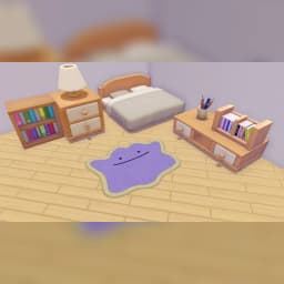 Juego Nintendo Pokémon Pokopia Switch 2 Estándar (Edición Italiana), en uso: habitación 3D con alfombra Ditto, cama