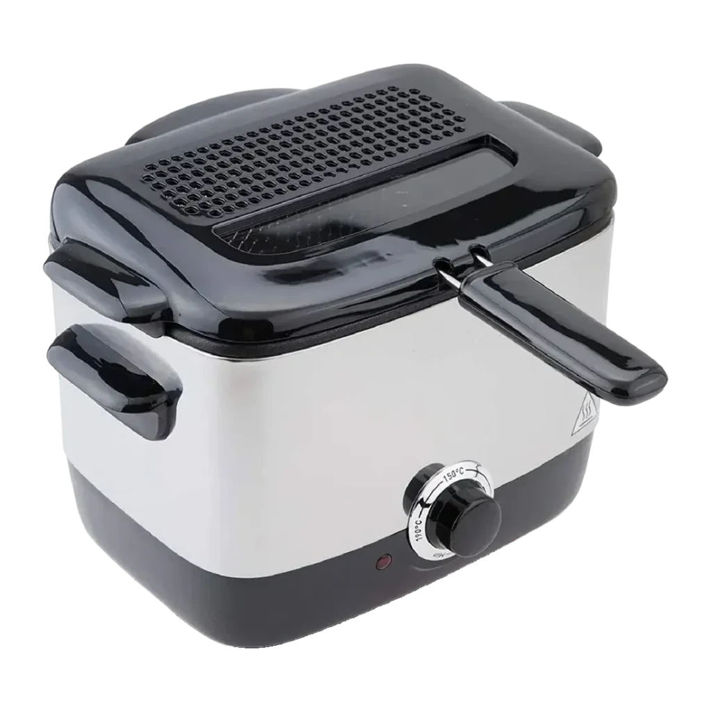 Freidora Moulinex Minifrito 1L 1000W Negro AF220010, vista frontal: cuerpo inox, tapa negra con rejilla, mando