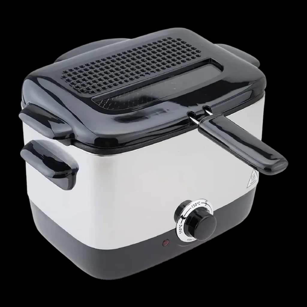 Freidora Moulinex Minifrito 1L 1000W Negro AF220010, vista frontal: cuerpo inox, tapa negra con rejilla, mando