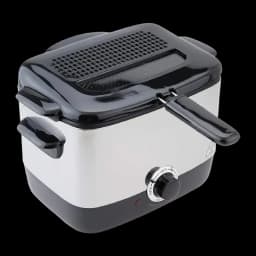 Freidora Moulinex Minifrito 1L 1000W Negro AF220010, vista frontal: cuerpo inox, tapa negra con rejilla, mando