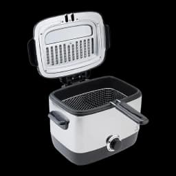 Freidora Moulinex Minifrito 1L 1000W Negro AF220010, detalle: tapa abierta con rejilla interior, cesta extraíble y mando