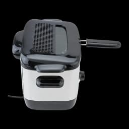 Freidora Moulinex Minifrito 1L 1000W Negro AF220010, vista trasera: rejilla de ventilación, ventana, asa y cable visibles