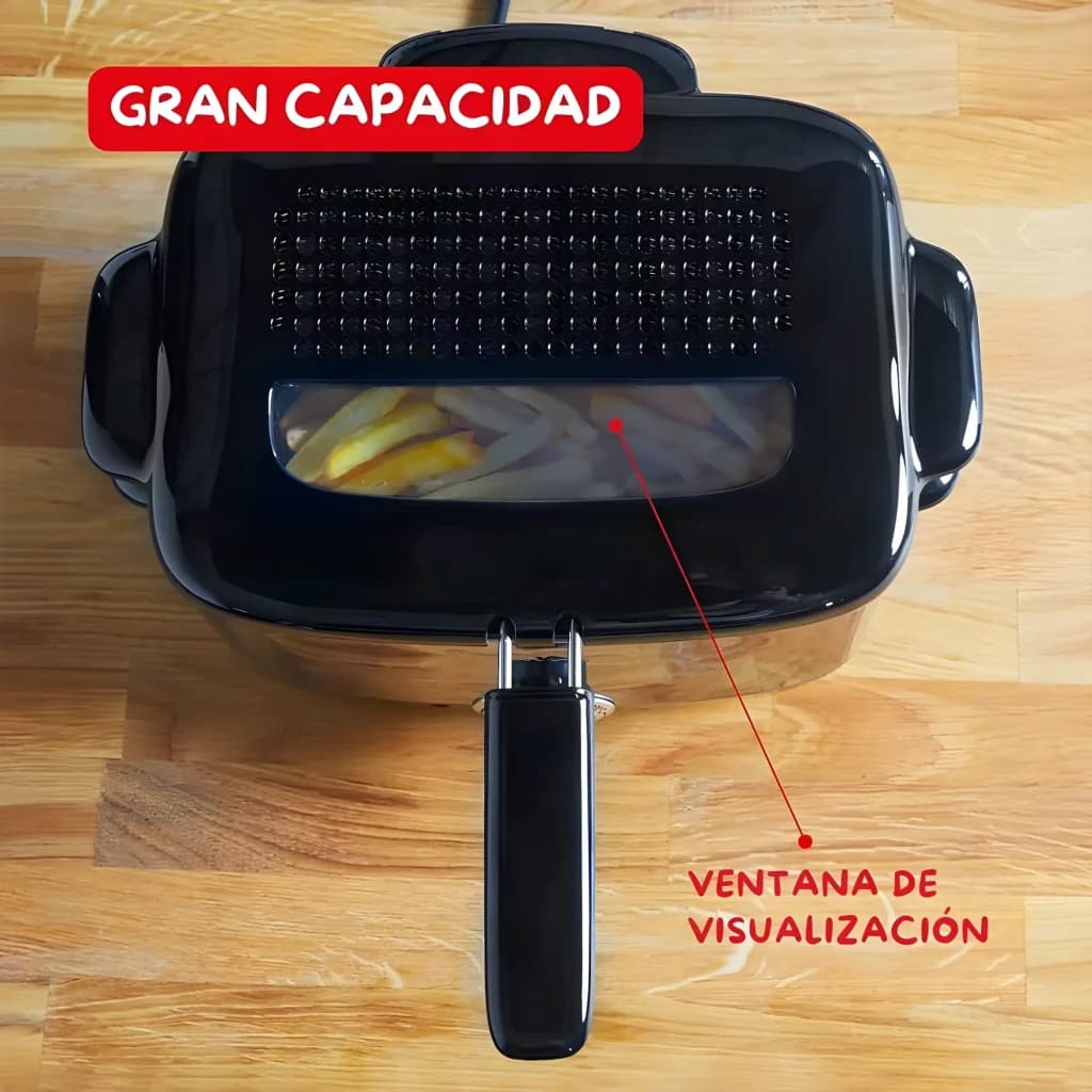 Freidora Moulinex Minifrito 1L 1000W Negro AF220010, vista superior: tapa con ventana de visualización y patatas friendo