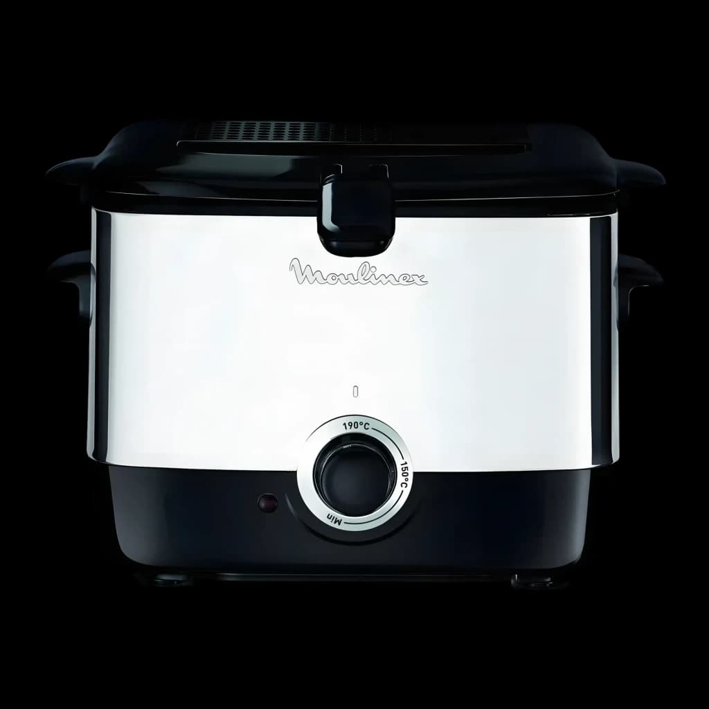 Freidora Moulinex Minifrito 1L 1000W Negro AF220010, detalle frontal: mando de temperatura, logo y cuerpo inox
