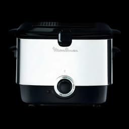 Freidora Moulinex Minifrito 1L 1000W Negro AF220010, detalle frontal: mando de temperatura, logo y cuerpo inox