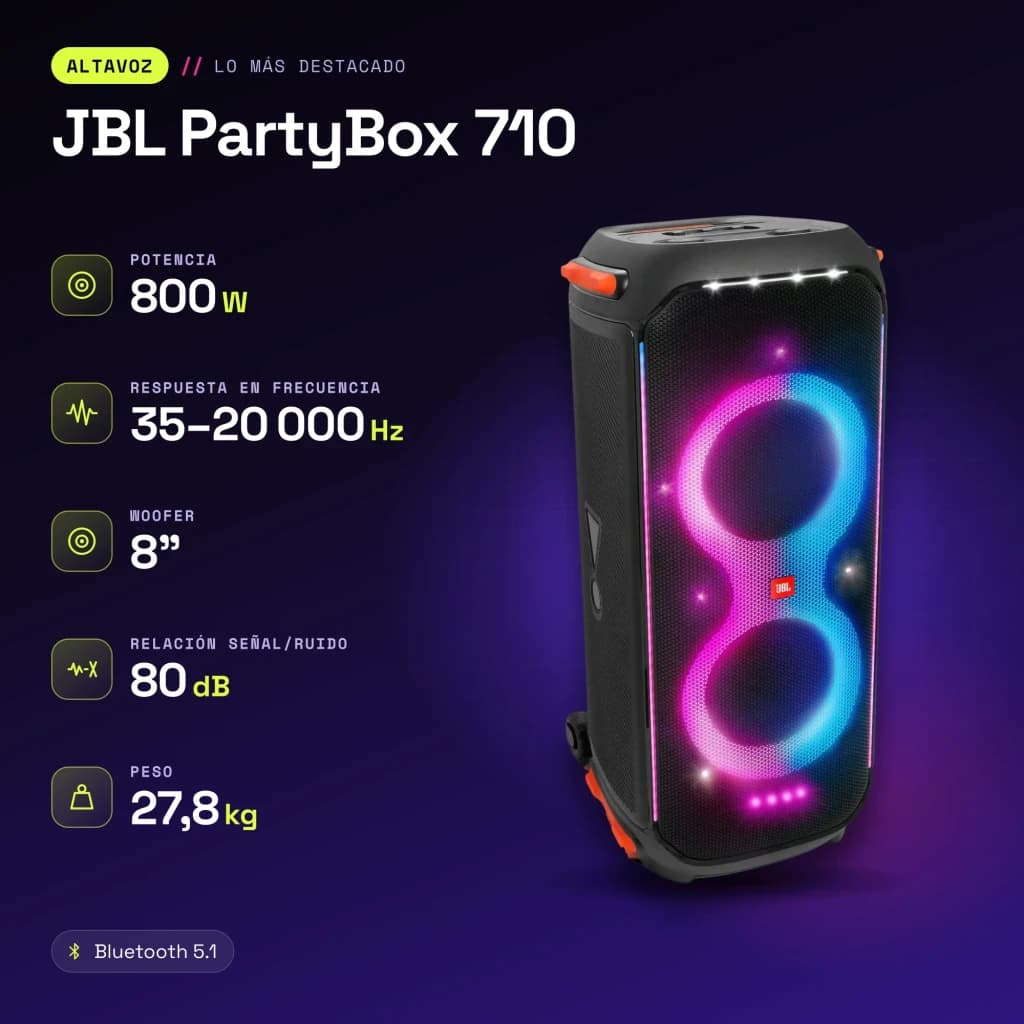 Altavoz para fiestas JBL PartyBox 710 800W Bluetooth 5.1 - características