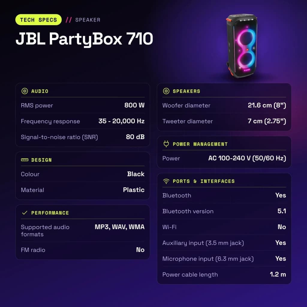 Altavoz para fiestas JBL PartyBox 710 800W Bluetooth 5.1 - características