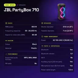 Altavoz para fiestas JBL PartyBox 710 800W Bluetooth 5.1 - características