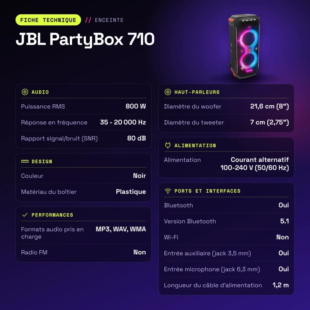 Altavoz para fiestas JBL PartyBox 710 800W Bluetooth 5.1 - características