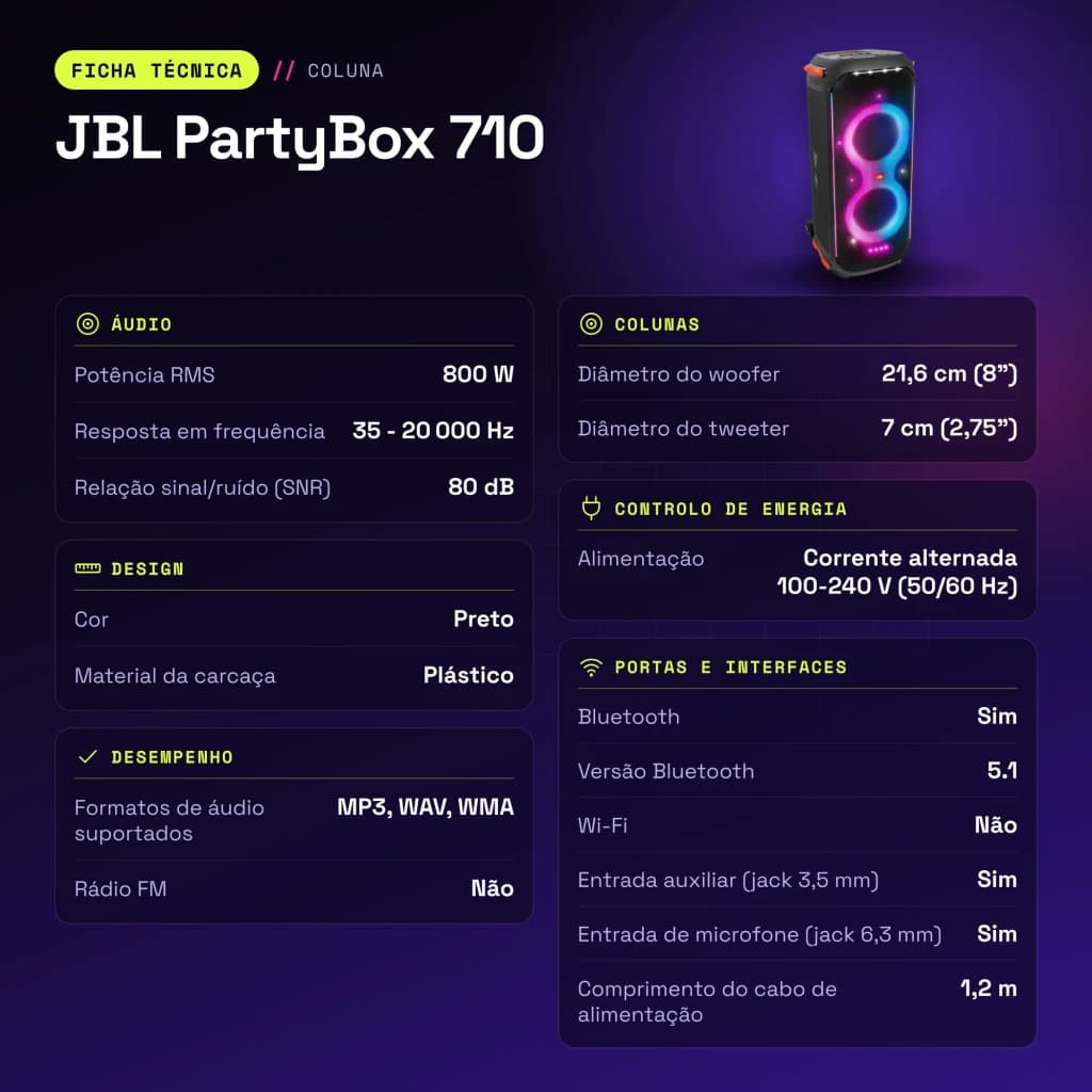 Altavoz para fiestas JBL PartyBox 710 800W Bluetooth 5.1 - características