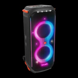Altavoz para fiestas JBL PartyBox 710 800W Bluetooth 5.1, vista frontal en ángulo: luces LED rosa y azul en rejilla negra