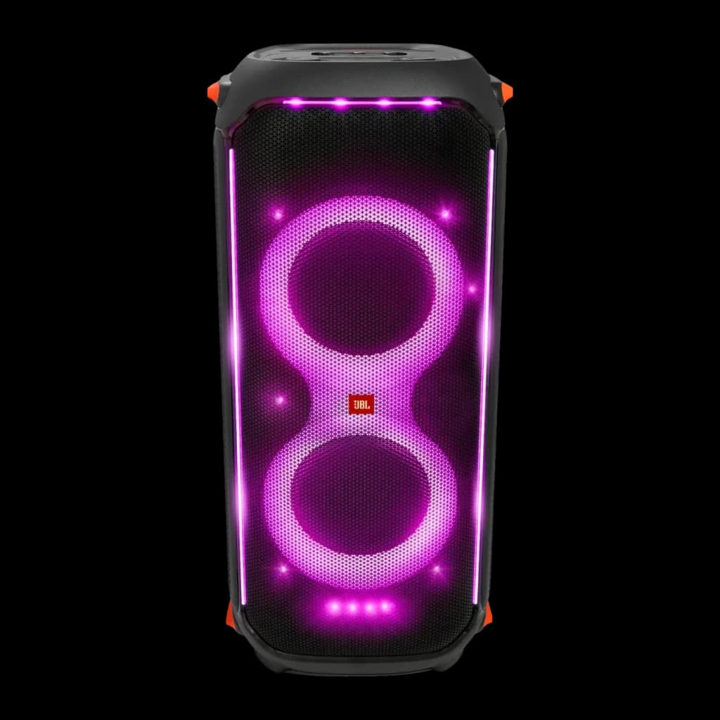 Altavoz para fiestas JBL PartyBox 710 800W Bluetooth 5.1, vista frontal: luces LED rosas en altavoces y laterales